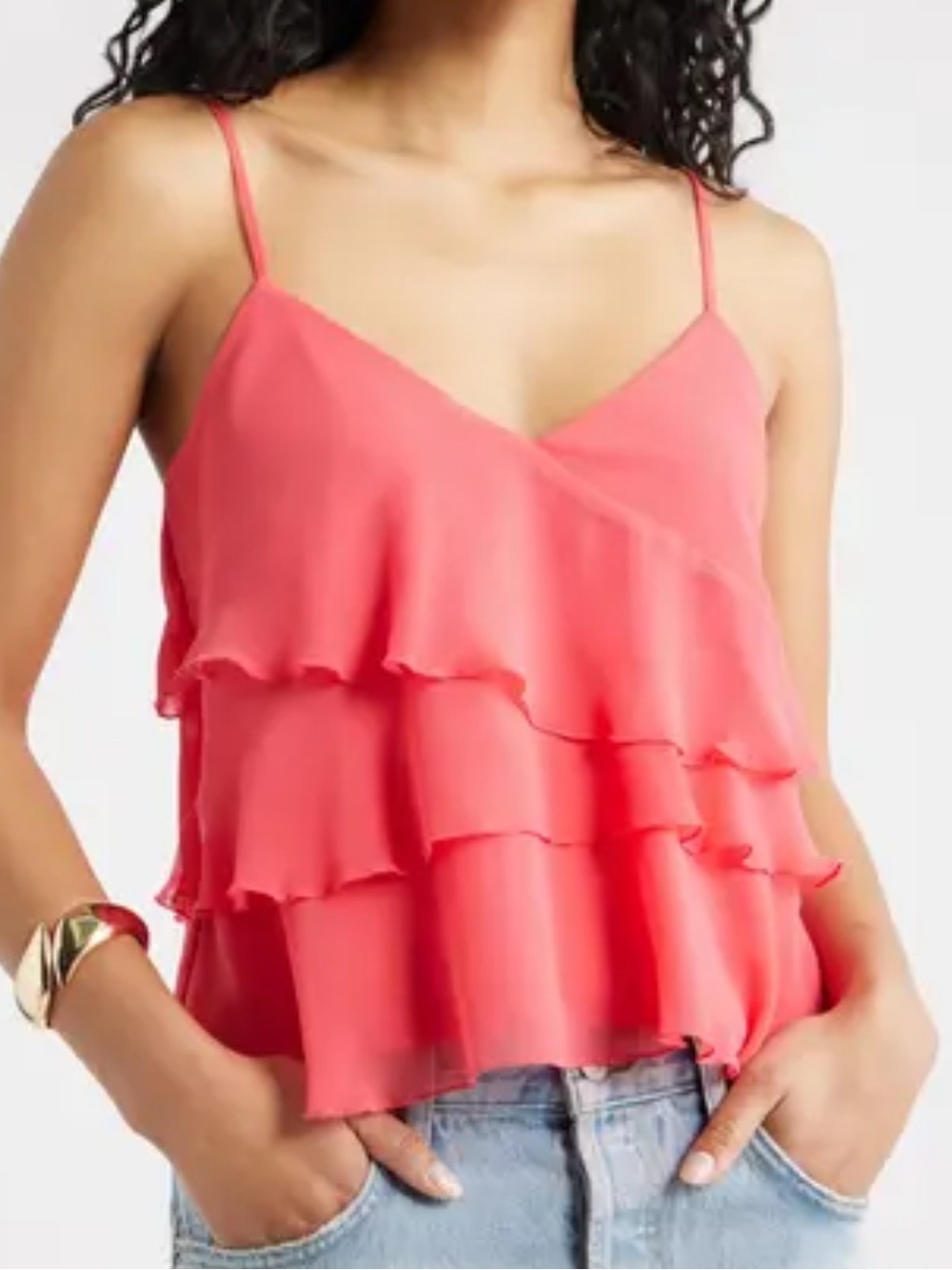 Amsale Bright Coral Tiered Ruffle Corset Top